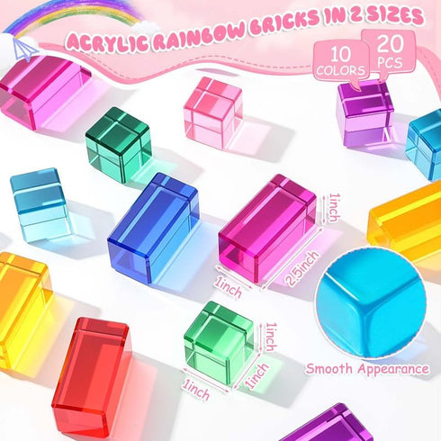 20 Learning(2 Meooeck Pcs Acrylic Gem Cubes Blocks for Kids Translucent Rainbow Building Blocks Crystal Light Shadow
