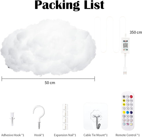 oooYYDSxxx 3D 1 Pack 24 Inch 16 Cloud Lamp APP Controlled Music Sync Cotton LED Mood Lights Million Color Changing