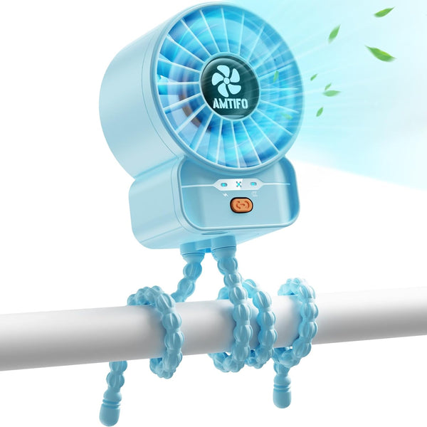 AMTIFO Blue Baby Fan - USB Rechargeable, Quiet, Adjustable Speed, Portable Cooling