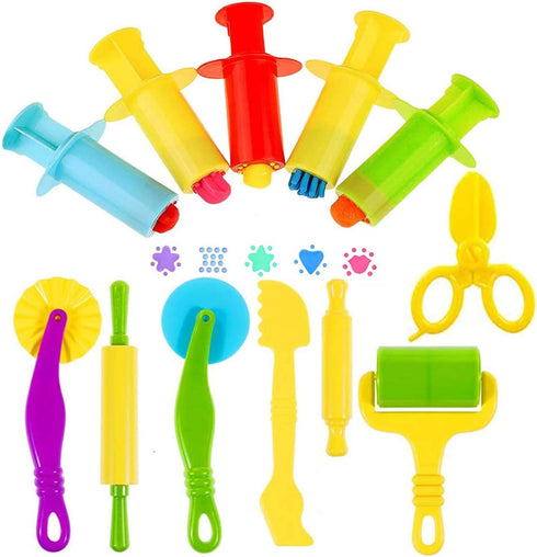 Play Dough Tools Kit, 12 pcs Plastic Playdough Tools with Extruders, Scissors, Rollers and Cutters in Random Color