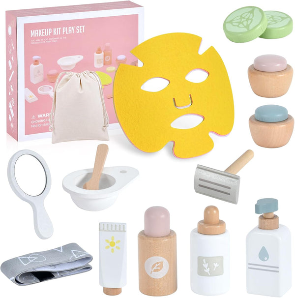 WHOHOLL Wooden Makeup Toy Set, Pretend Beauty Salon Toys for Toddler, Christmas Birthday Gift for 2-5 Year Old Girls