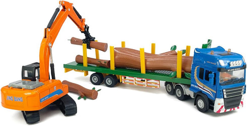 2 1 Playset Timber Transport Truck Log Trailer with Loading Wood Grab Logging Flatbed Truck Toy Carrier Semi Tow Trucks