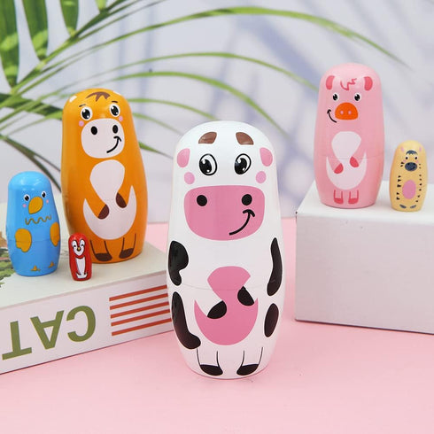 Winterworm Set of 6 Farm Animal Nesting Dolls, Wooden Russian Doll Matryoshka for Easter Christmas Birthday Gift