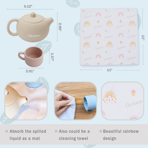 Set 1-3, 12 Ginbear Silicone Play Kitchen Tea with Washable Cloth Napkin for Little Girl Toddlers Non-Toxic Unbreakable