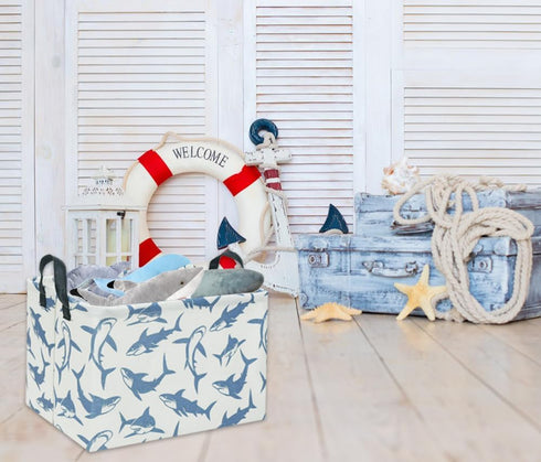 Kids Baby Storage Basket, Rectangular Shark Toy Organizer Bin, Cute Shelf Book Decor (Blue Shark)