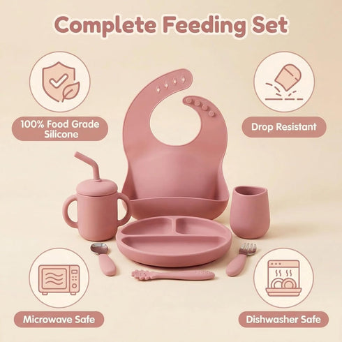 Set 6+ 9pcs Silicone Baby Feeding BPA-Free Food Grade Silicone, Suction Plate, Bib, Training Cup & Utensils for Baby