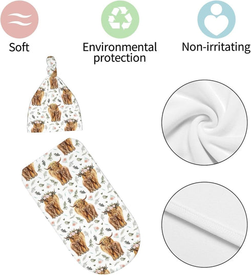 Muitanerkd Set, Highland Cow Baby Stuff Newborn Swaddle Blanket Beanie Hat Soft and Stretchy Highland Cow Baby Blanket