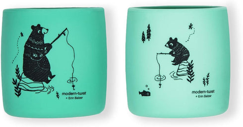 modern-twist Sip Set, Food-Grade Silicone, Waterproof, Dishwasher Safe, Reusable Cups – Green Bear Family, Pack of 2