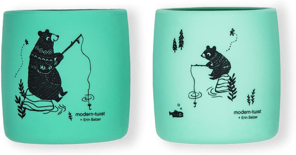 modern-twist Sip Set, Food-Grade Silicone, Waterproof, Dishwasher Safe, Reusable Cups – Green Bear Family, Pack of 2