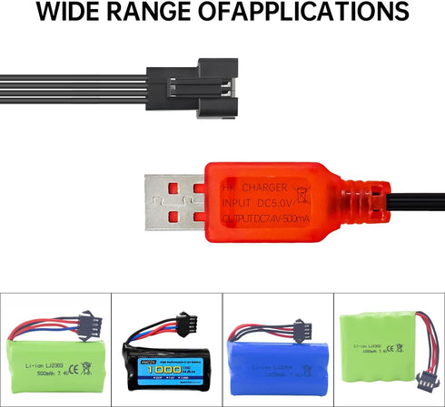 3PCS 7.4V SM-4P Plug USB Charging Cable for DE36W DE65 HM202 EC08 EC16 RC Car, Off-Road Vehicle, M416 Electric Gel Ball
