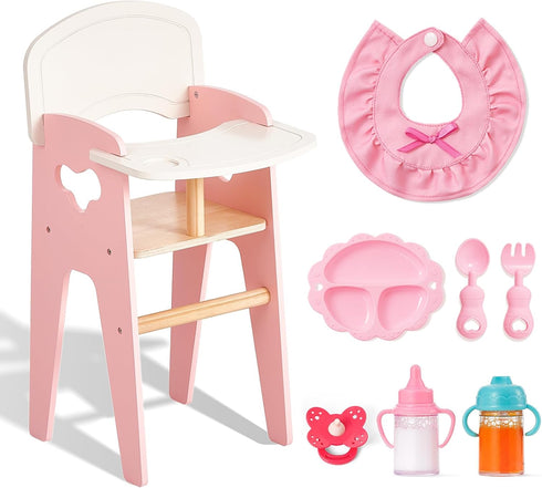 Giant bean Wooden Baby Doll High Chair with Feeding Set, Pretend Play