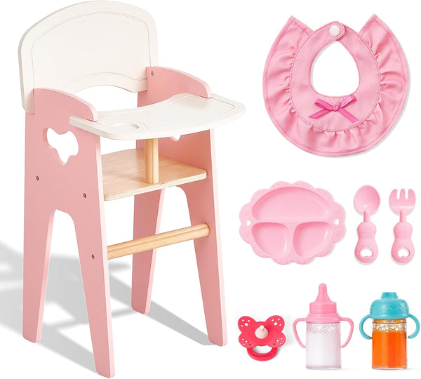 Giant bean Wooden Baby Doll High Chair with Feeding Set, Pretend Play