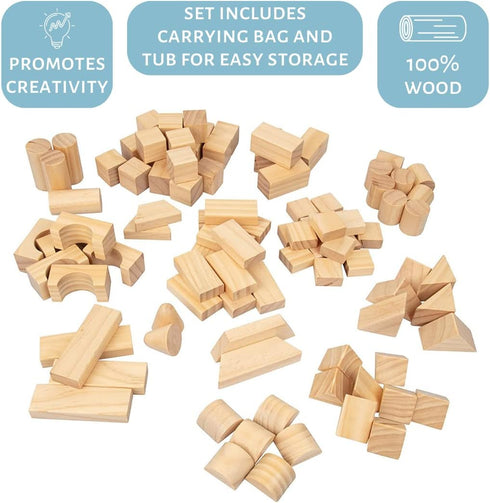 Wooden Blocks Set - 100 Pc Natural Wood Building Block Toys, Great Gift for Kids, Indoor Activity