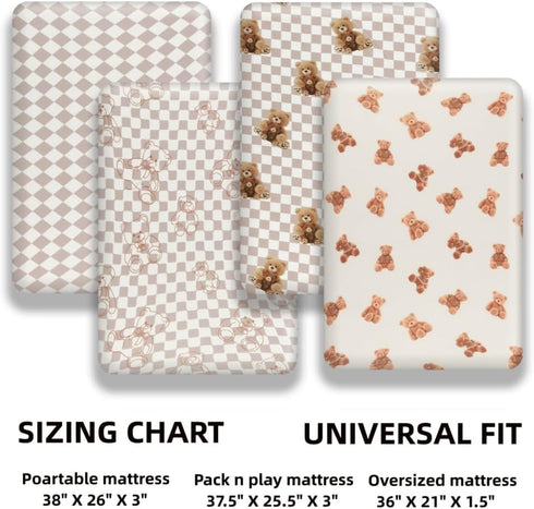FIGEPO Pack Set Fitted Baby Neutral N Play Sheets Mini Crib Sheets Bear and Buffalo Check Plaid Breathable Unisex Baby