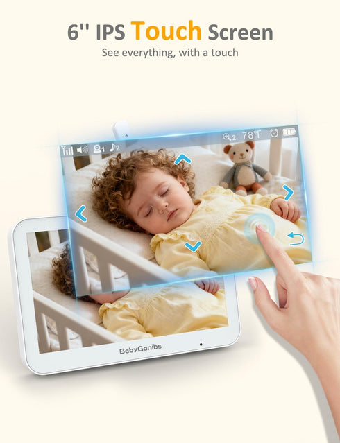 Baby Ganibs 6'' 30H 1000ft, Baby Monitor with Camera and Audio - Touch Screen with Photo & Video Recording, Night