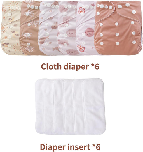 CoolaPeach 12 Set 0-3 Boy,6 Pack Diapers+6pcs Reusable Adjustable Cloth Diapers for Newborn to Years,One Size Washable