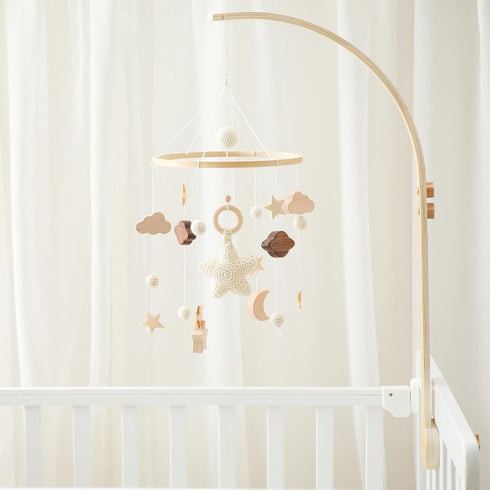 Set let's make Baby Crib Mobile with Arm Boho Star Moon Nursery Mobile Wooden Baby Mobile Holder for Hanging Nursery