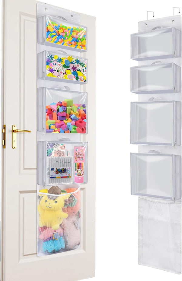Hanging Toy Storage over Door, Block Stuffed Animal Organizer with 4 Removable Case Bags, Mesh Pocket Holder