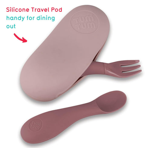 TUM TUM Baby Cutlery with Case, Baby Spoon & Fork Set, Silicone Baby Cutlery for 6 Months Plus, Pink