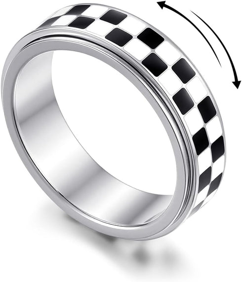 Checkered Fidget Spinner Ring for Adults, 18K Gold Plated Stainless Steel Rotating