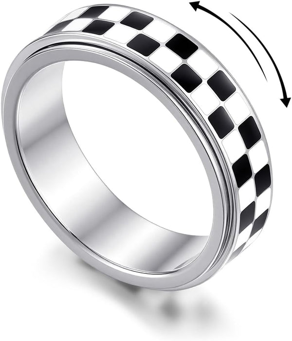 Checkered Fidget Spinner Ring for Adults, 18K Gold Plated Stainless Steel Rotating