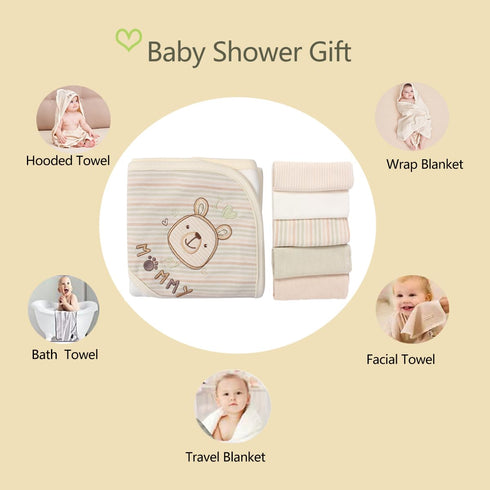 6-Pack Set 5 30 30 Inch Organic Cotton Baby Bath - Ultra Soft Embroidered Hooded Towel and Washcloths, Premium Gentle