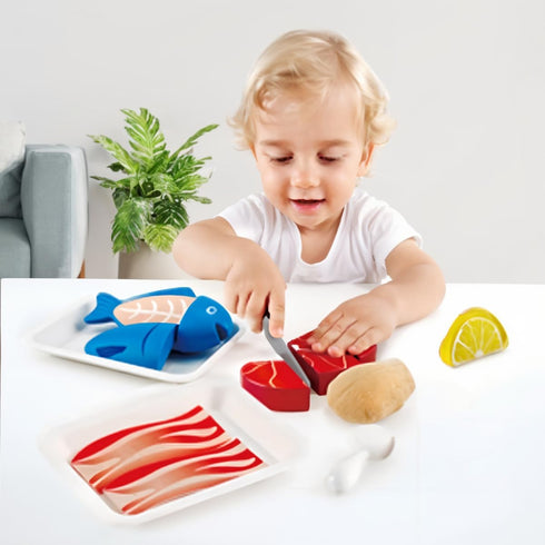 Hape Tasty Proteins Set | Wooden Pretend Play Food Set for Kids, Multicolor Cooking Ingredients