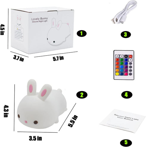 YOTOZU Cute Bunny Night Light - USB Rechargeable Night Light with Touch Sensor and Remote Control for Kids