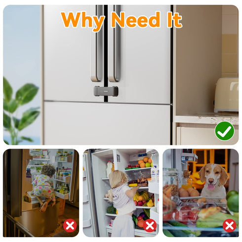 EUDEMON Updated French Fridge Lock French Door Refrigerator/Freezer Lock Apply to Max 2.28"(58mm) Two Door Gap Distance,Cabinet Cupboard Lock for Kids & Babies,Easy to Install(1 Pack,Black)