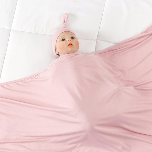 Bayceen Large Jersey Knitted Swaddle Blanket for Baby, Soft Stretchy Receiving Blanket with Hat, 47 x 47 Inches (Rose)