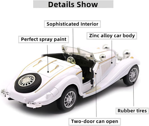 PUXU 1:28 Pullback 6.5in/16.8cm) Scale Diecast Metal Antique Classic Model Cars Collectible Toy Gifts (White,Length