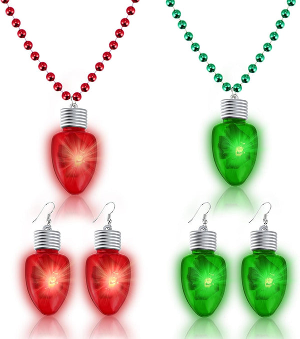 Hicarer 2 Pairs Light-up Bulb Earrings | LED Bulb Christmas Earrings & 2 Pieces Flashing Necklaces for Holiday Favors