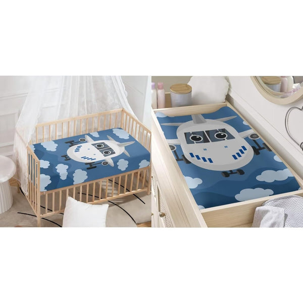 Cartoon Plane Crib Mattress Protector and Baby Changing Table Cover Set of