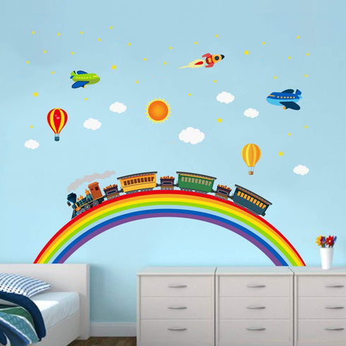 Rainbow Train Wall Stickers DIY Rocket Airplane Wall Decals Art Decor for Kids Nursery Bedroom