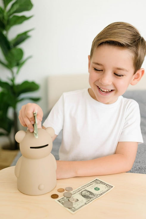 Neutral Silicone Teddy Bear Coin Bank for Kids, Baby, and Toddler. Unbreakable Piggy Bank for Kids -Nursery Decor