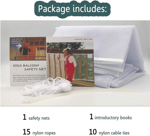 Child Safety Rail Net for Balcony, Patios, Railing, Stairs, 10ft x 2.5ft, Sturdy Mesh Fabric Material (White)