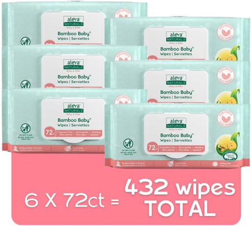 6 packs 72ct 432ct Aleva Naturals Bamboo Baby Sensitive Wipes | Unscented | Extra Strong and Ultra Soft | Natural