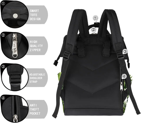 Hsnar Backpack Tropical Leaf Green Waterproof Diaper Bag Large Capacity Baby Bag with Stroller Straps, Multi-Pocket