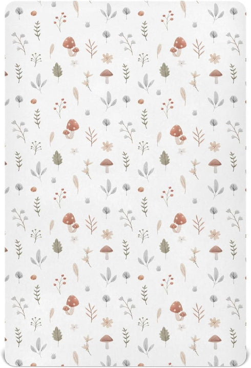 KICPOAY Fitted Crib Sheets Fall Cute Mushroom Leaves Stretchy Portable Playard Sheets for