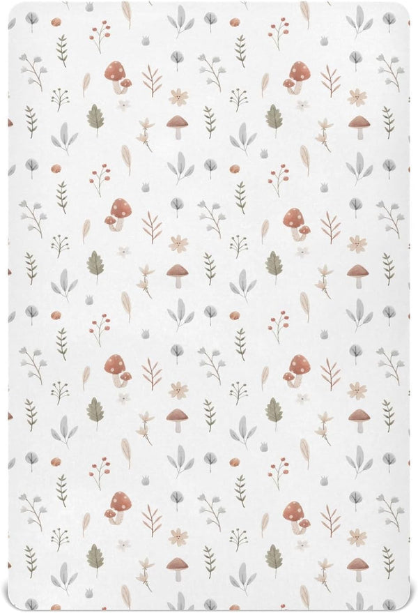 KICPOAY Fitted Crib Sheets Fall Cute Mushroom Leaves Stretchy Portable Playard Sheets for