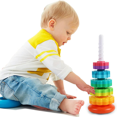 Premium Baby Spin Stack Toy, Educational Stacking Toy for Toddlers, Rainbow Spinning Wheel