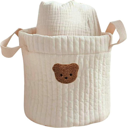 Yovslop Bear Storage Bucket Beige Cotton Basket Diaper Bag Large Capacity Bin for Home Nursery Room
