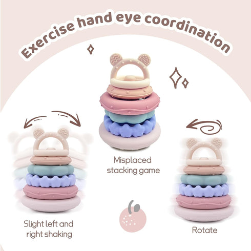 Set 6+ Baby Bear Teething & Stacking Toy - Teething Toys Silicone Teethers, Soft Baby Stacker Rings Teether, Learning