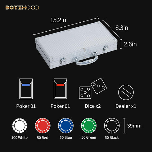 Boyzhood Poker Set - 300 Pcs Poker Chips with Aluminum Travel Case, 11.5 Gram for Texas Holdem