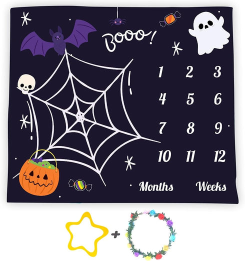 Halloween Theme Baby Monthly Milestone Blanket, 48x40in Soft Flannel, Ghost and Pumpkin Background