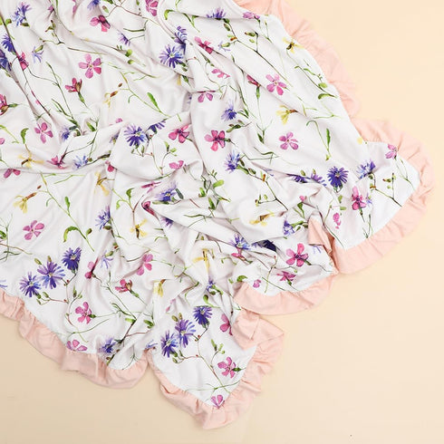 runzhuoyang 40x33 Rayon Made from Bamboo Baby Blanket for Girls, Purple Floral Print, Ruffle Trim, Soft and Comfy, Size