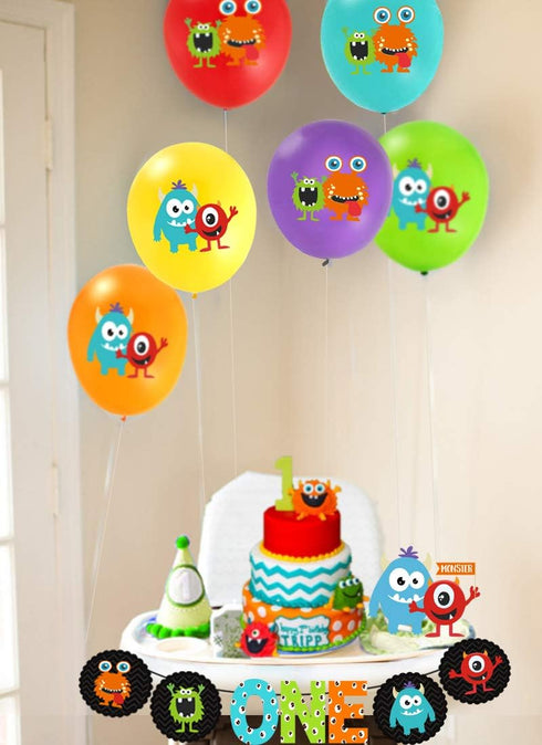 Cartoon Monster Theme First Birthday Party Decorations - Banner, Balloons, Cupcake Toppers for Boys Bday