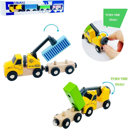 SAIBURAZ Sets 3+ Wooden Trains Cars with Crane Magnetic Train Toys for Wooden Train Tracks Train for Toddlers and Kids