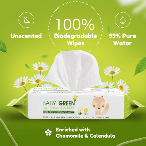 1 Pack 72 (72Count) Yugi Green Baby Wipes Unscented, Compostable, Biodegradable, Plant-Based, Fragrance-Free