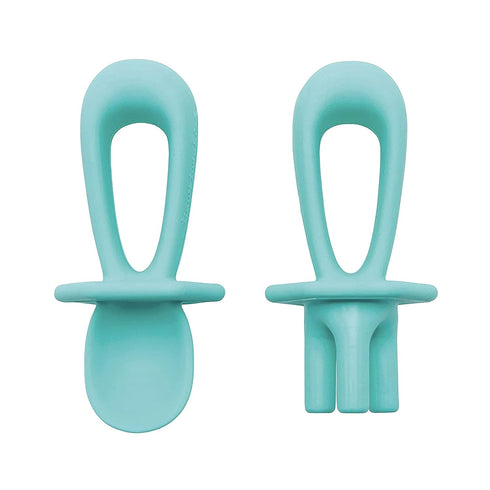 Tiny Twinkle Silicone Training Utensils - Baby Spoons and Forks for Self-Feeding Training, Mint